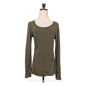 Y2K Thermal Long Sleeve Top S Olive Green Scoop Buttons Knit Twilightcore Elena